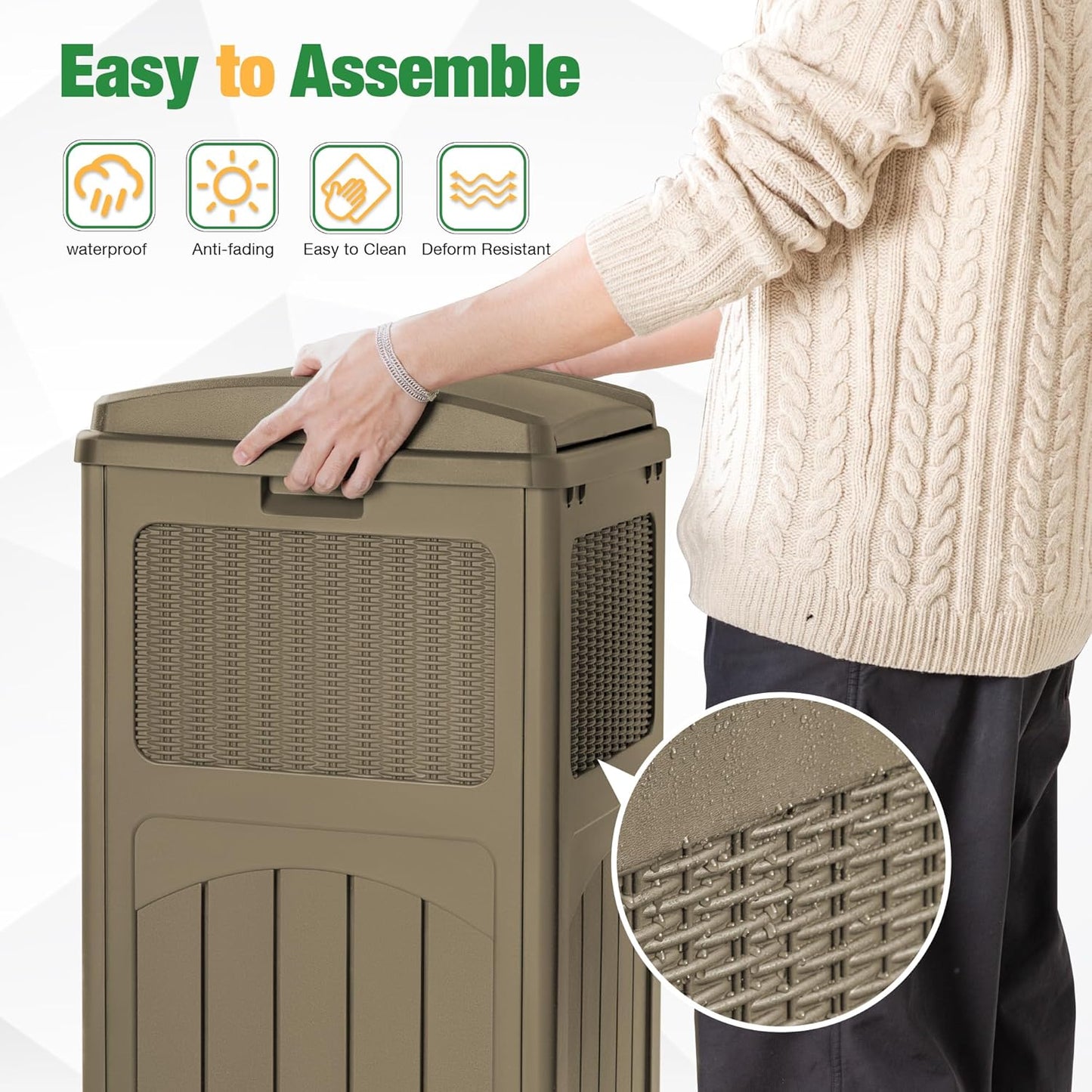 Flamaker 30 Gallon Trash Can, Resin Outdoor Garbage Can with Lid, Waterproof Hideaway Patio Waste Bins for Outside Use (Brown)