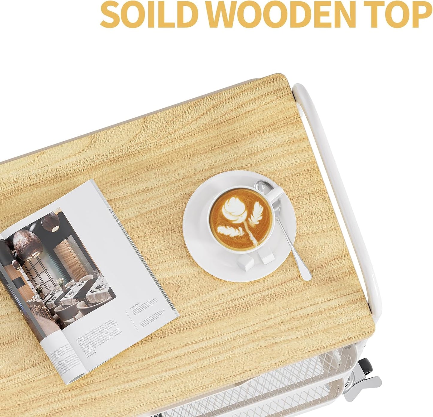 TOOLF 3-Tier Metal Utility Rolling Cart with Drawer and Wooden Table Top, Storage Cart White Trolley Kitchen Organizer Rolling Desk with Locking Wheels for Office, Classroom, Home, Bedroom