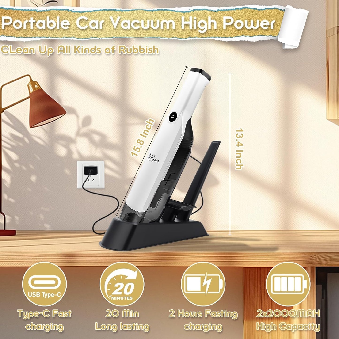Handheld Vacuum Cordless,15KPA High Power Suction,USB Quick Charge,Car Vacuum Cleaner with Storage Dock,Lightweight Rechargeable Dust Buster with Crevice Tool Pet Brush Hand Vac for Home,White