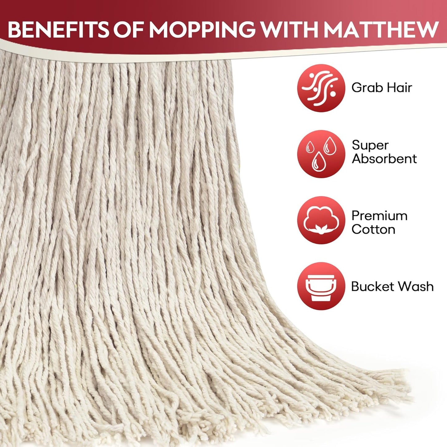 Matthew Cleaning 24oz 12Pack Cotton Mop Head Replacement,Looped-Open String Heavy Duty String Mop Refills,Universal Headband Blend,Floor Cleaning for Home, Industrial and Commercial Use(White)