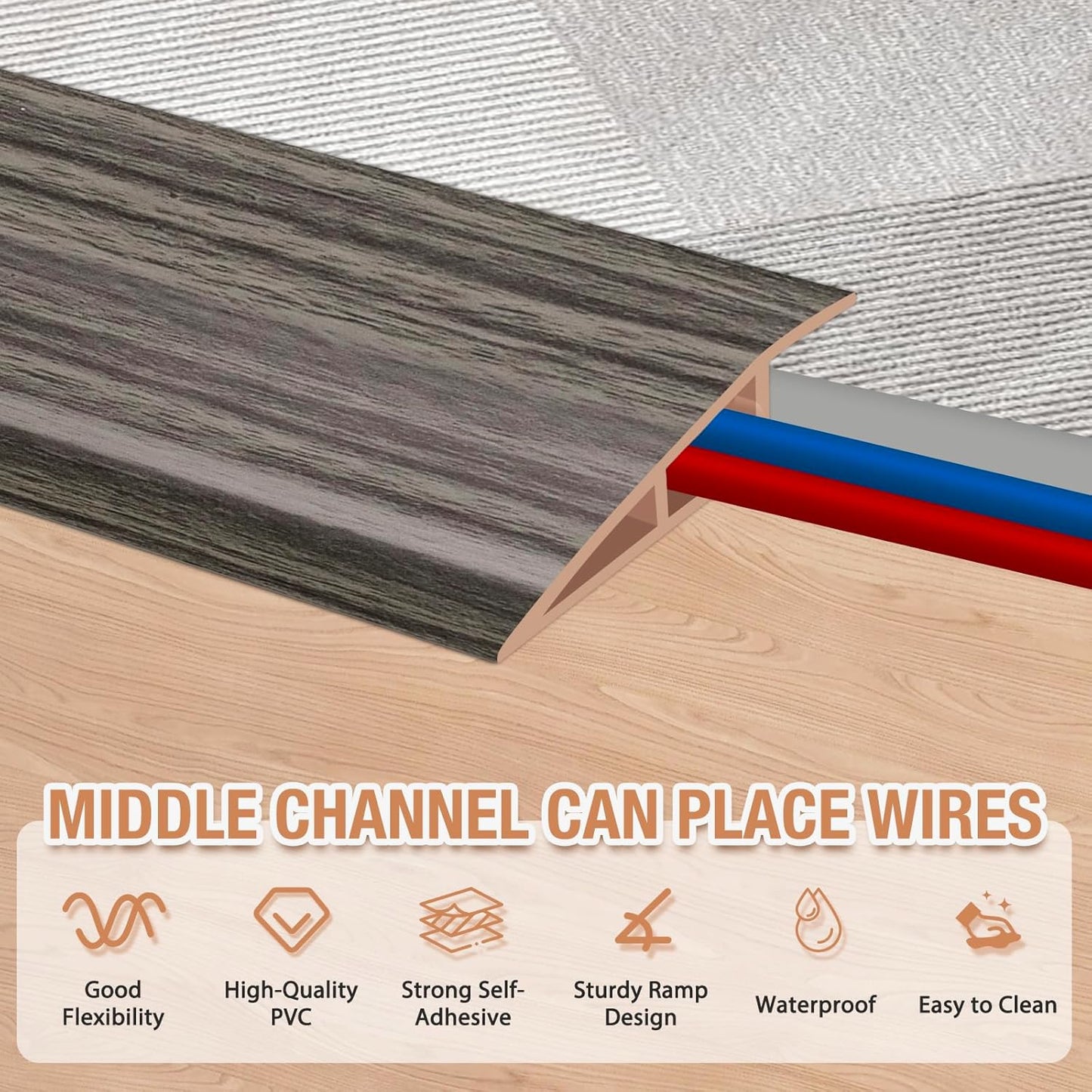 Floor Transition Strip Self Adhesive Vinyl Door Threshold for Doorways Carpet Edging Trim Overlap Edge Reducer for Laminate Floor, Carpet, Tile (Grayish Brown Wood Grain, 1/5" to 2/5", 10Ft)