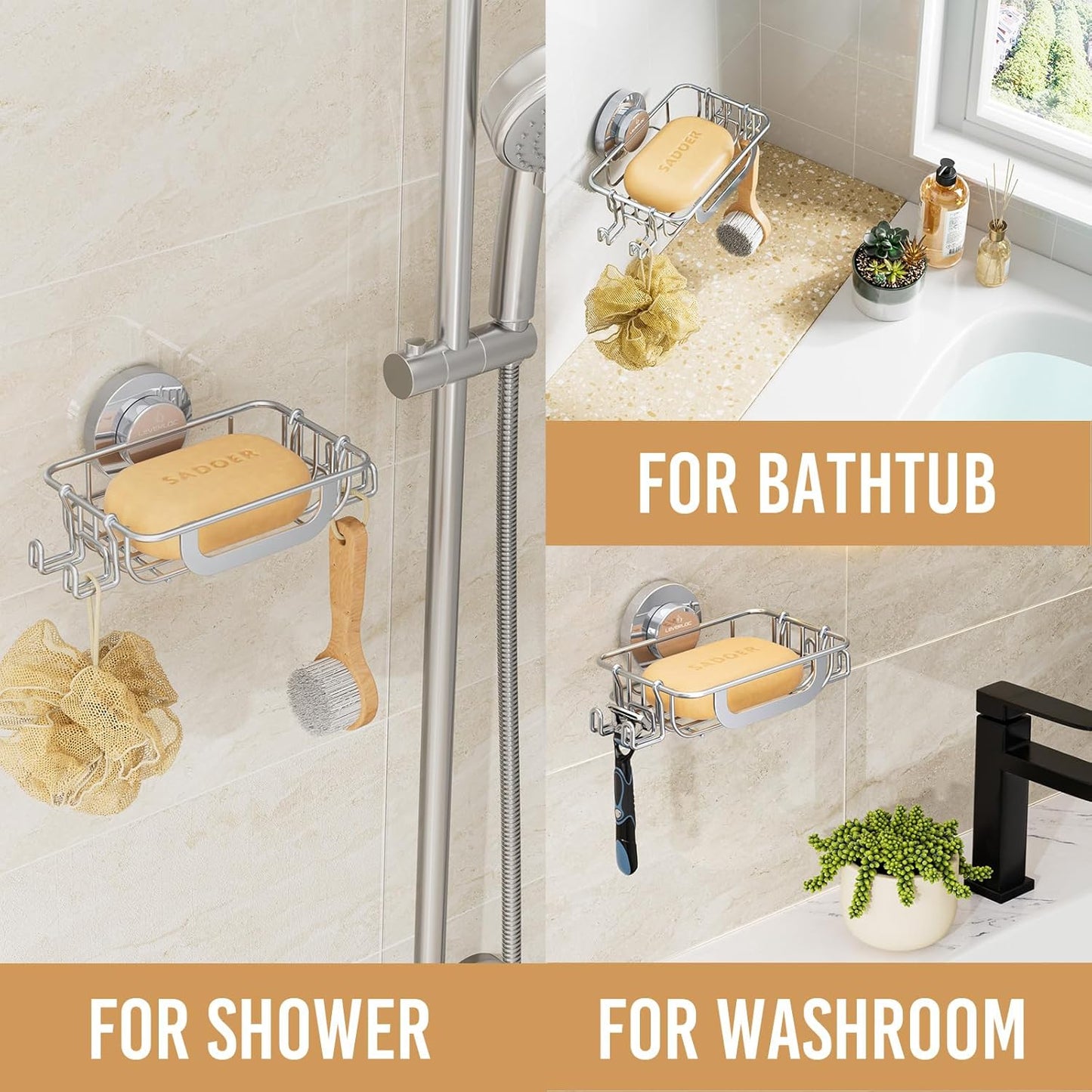 LEVERLOC Bar Soap Holder Dish with Hooks, Soap Tray Suction Cup Wall Mounted for Shower, Stainless Steel Sponge Holder Caddy for Bathroom Kitchen Sink Organizer, Rustproof, Silver