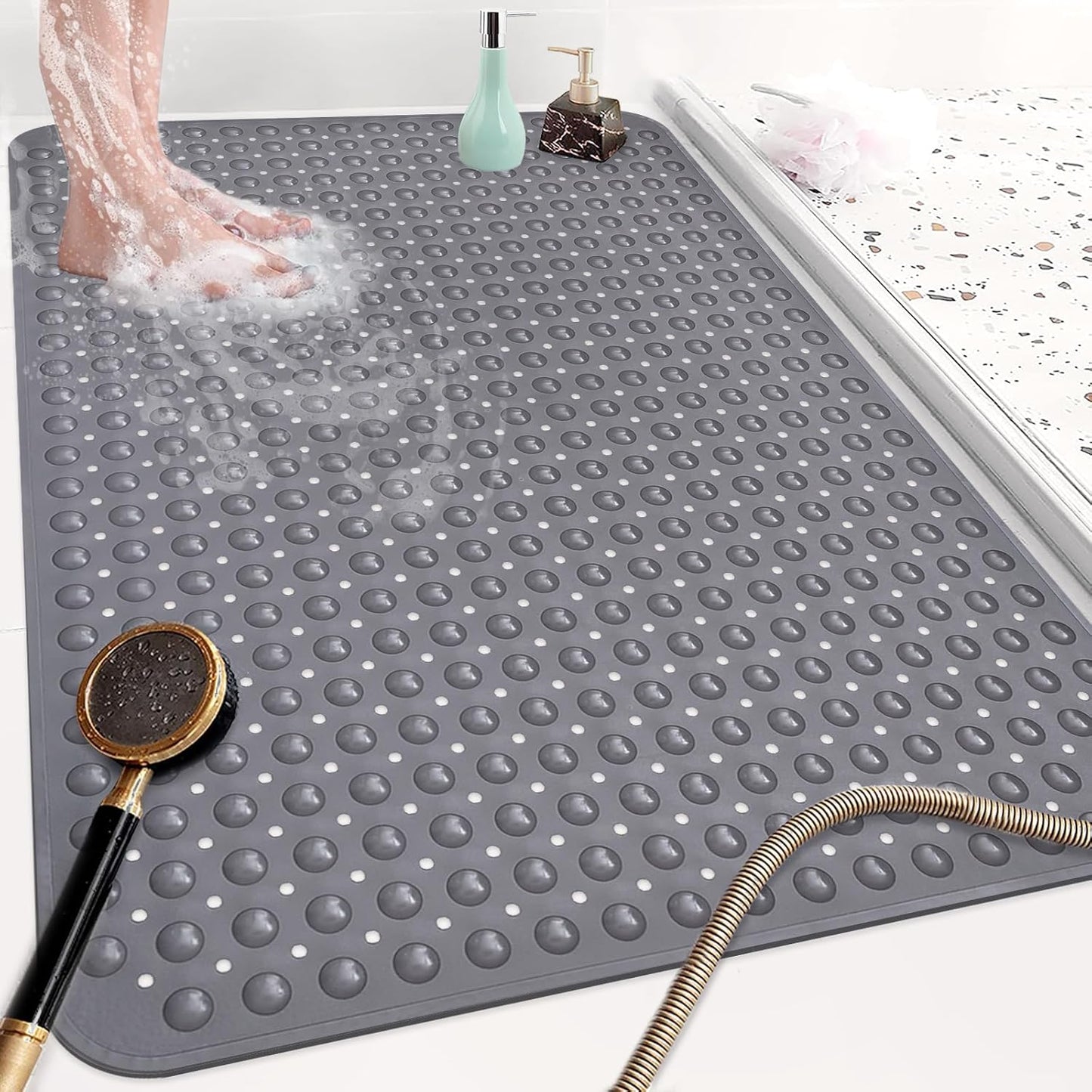 Shower Mat Non Slip: 47.2 x 31.5 Inch Extra Large TPE Shower Mats for Inside Shower - Anti Slip Shower Stall Matt with Drain Hole and Suction Cups for Elderly