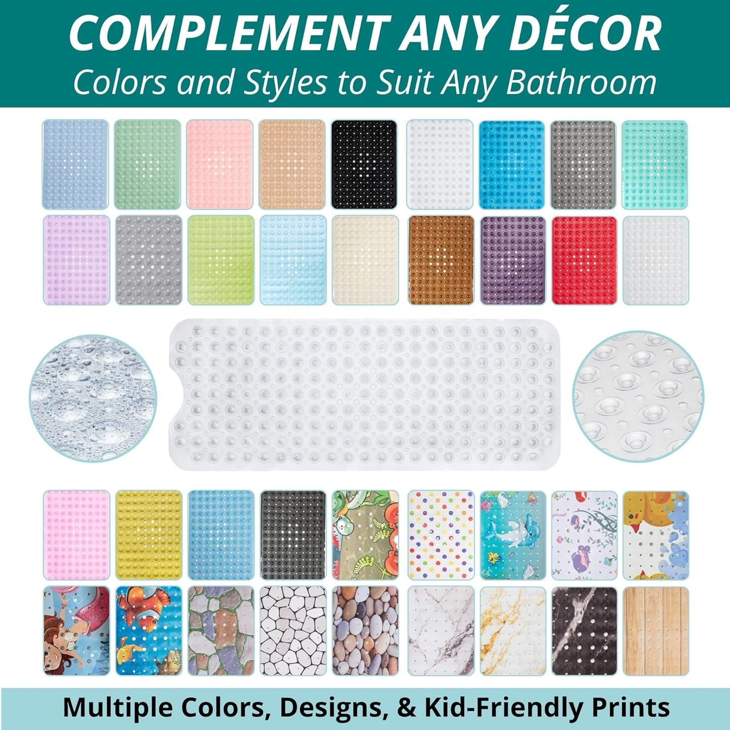 ENKOSI Bath Mat – 40 x 16 Inch Extra Long Non Slip Bathtub Mat – Anti Slip Clear Shower Mat with Suction Cups and Drain Holes – Bathroom Mat for Bath Tub and Smooth Shower Floors (40x16 Clear)