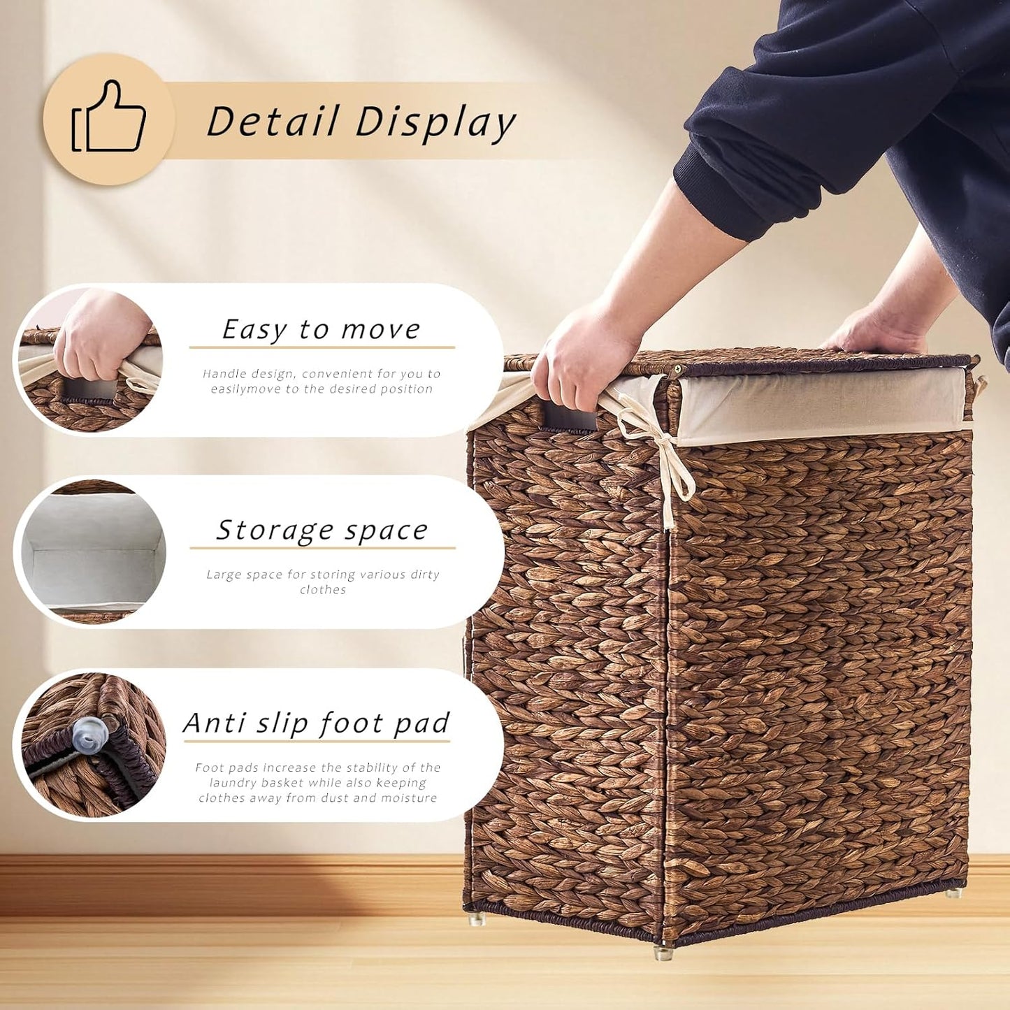 Handwoven Laundry Basket with Lid, Natural Water Hyacinth Storage Basket with Handle, Removable Cotton Liner, Durable and Stylish for Bedroom, Bathroom, Laundry Room