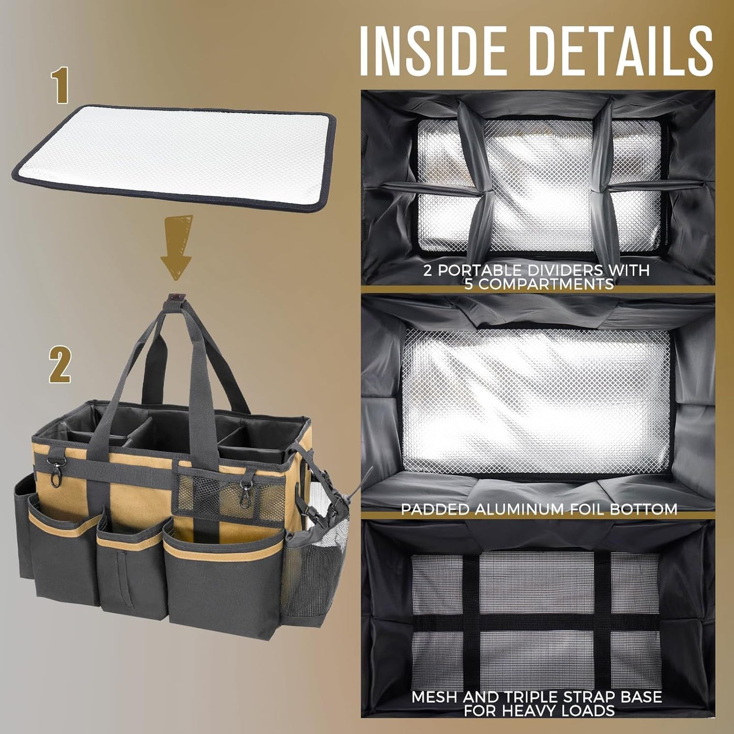 Wearable Cleaning Caddy Organizer with Handle & Shoulder Straps for Housekeepers, Under Sink & Car Cleaning Tool Organizer Bag with 4 Foldable Dividers (Tan)