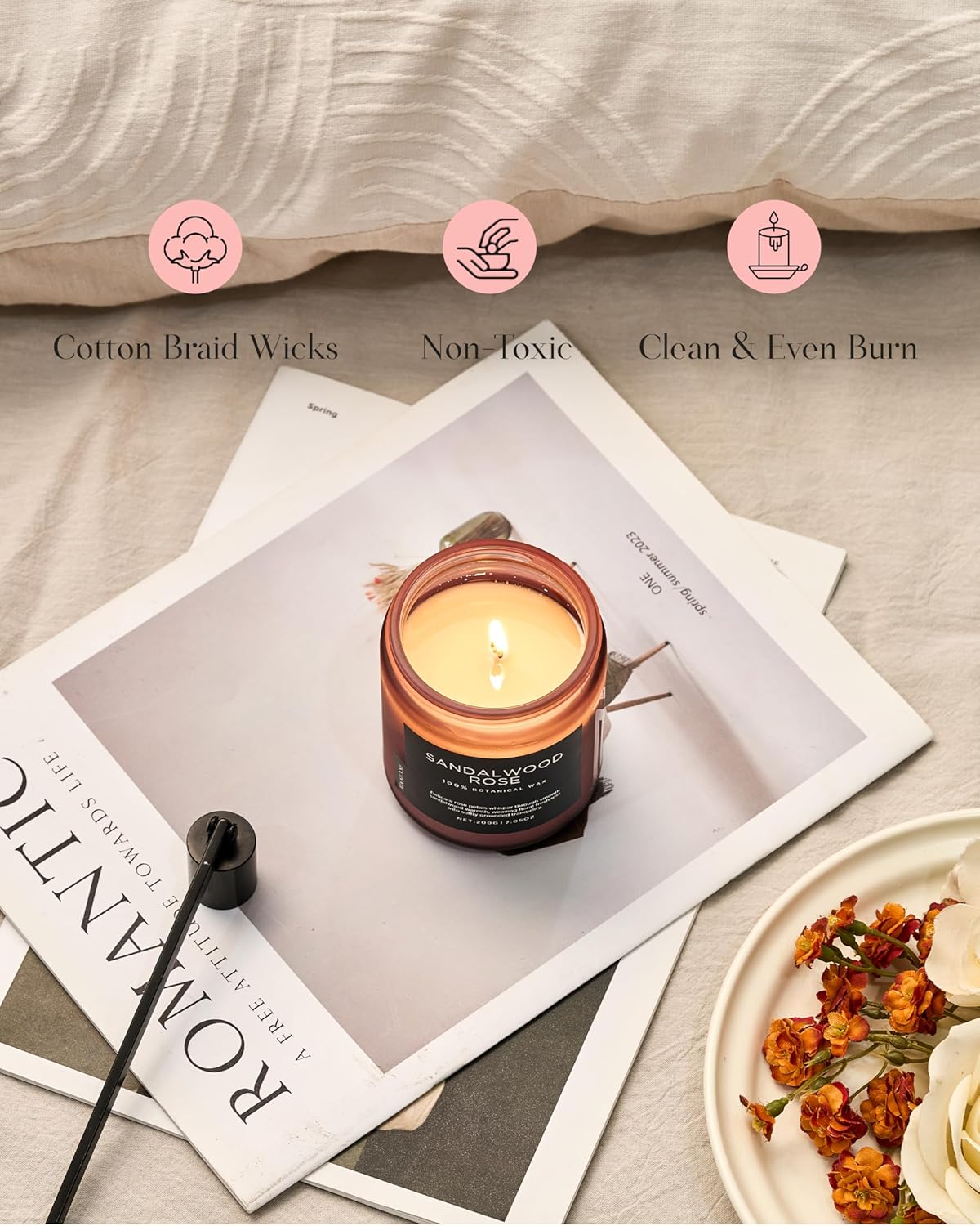 M&SENSE Sandalwood Rose Scented Candle 7.05oz 50 Hours Long Lasting Burn Natural Soy Wax Strong Scented Candle for Home, 2 Wick Home Fragrance Slow Burning Housewarming Gifts for Men Women