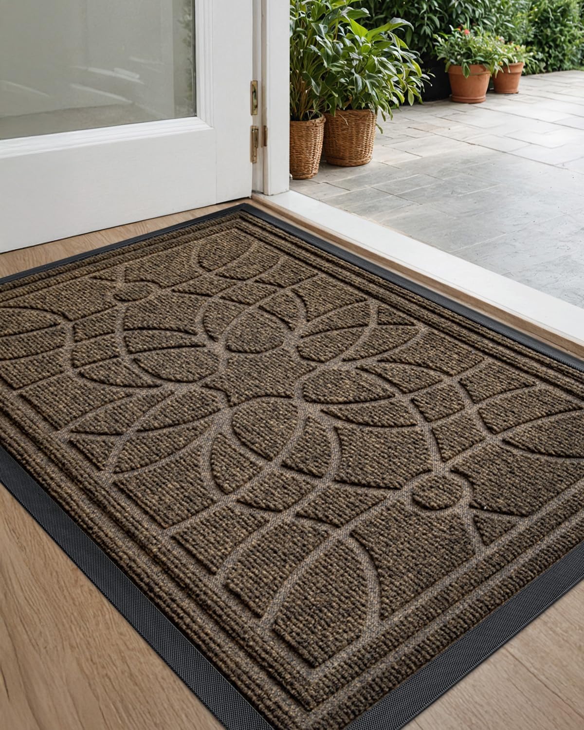 DEXI Front Door Mat Outside Entrance, Heavy Duty Non Slip Low Profile Doormat for Entryway, Trap Dirt and Moisture Welcome Mats, Easy Clean, Patio, Garage, 17x29, Brown