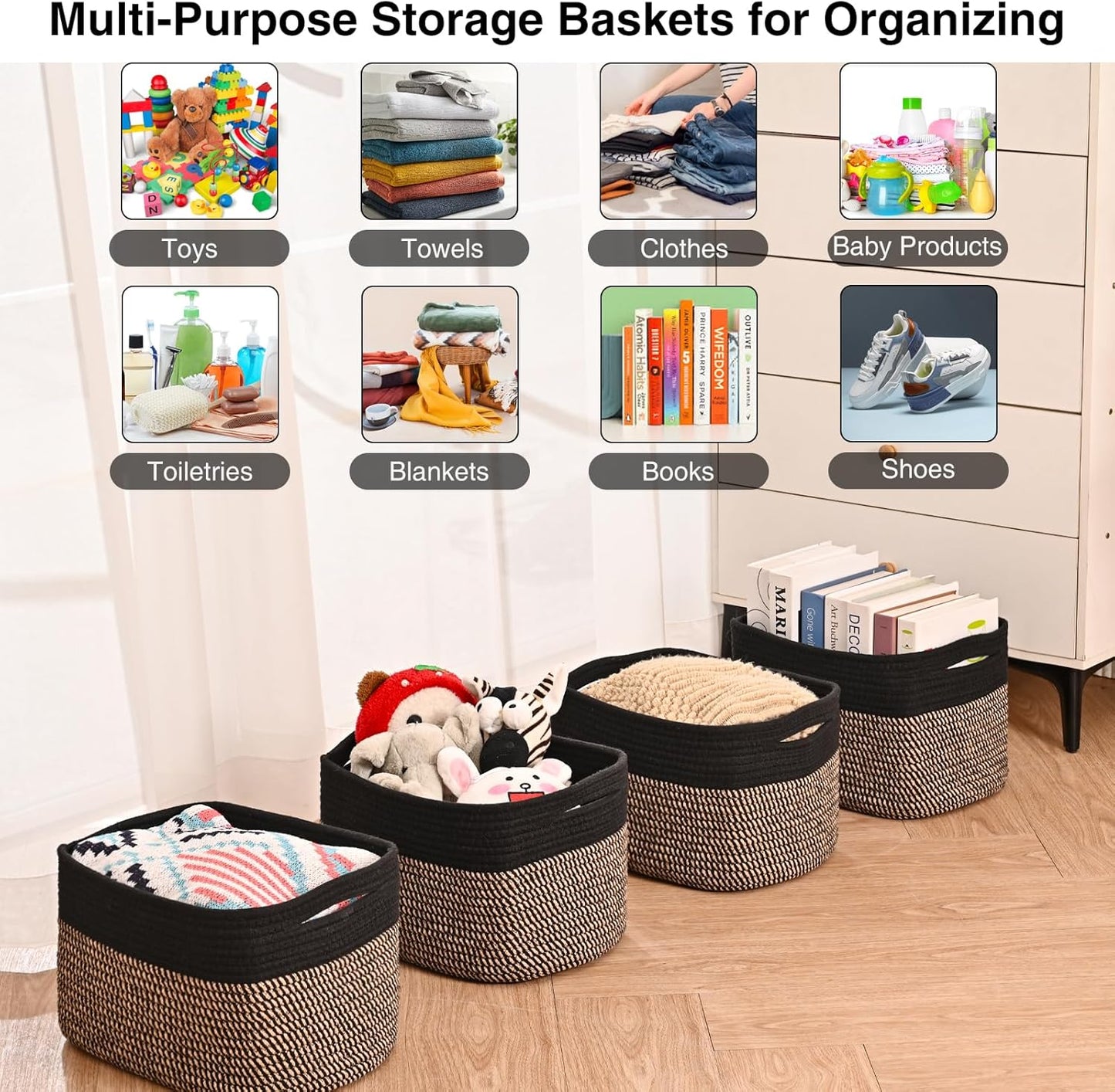 Small Storage Baskets for Organizing Shelves, Cotton Rope Basket for Storage, Cute Rectangular Book Toy Basket, 12.7"×9.1"×7.9", 4 Packs, Black & Jute
