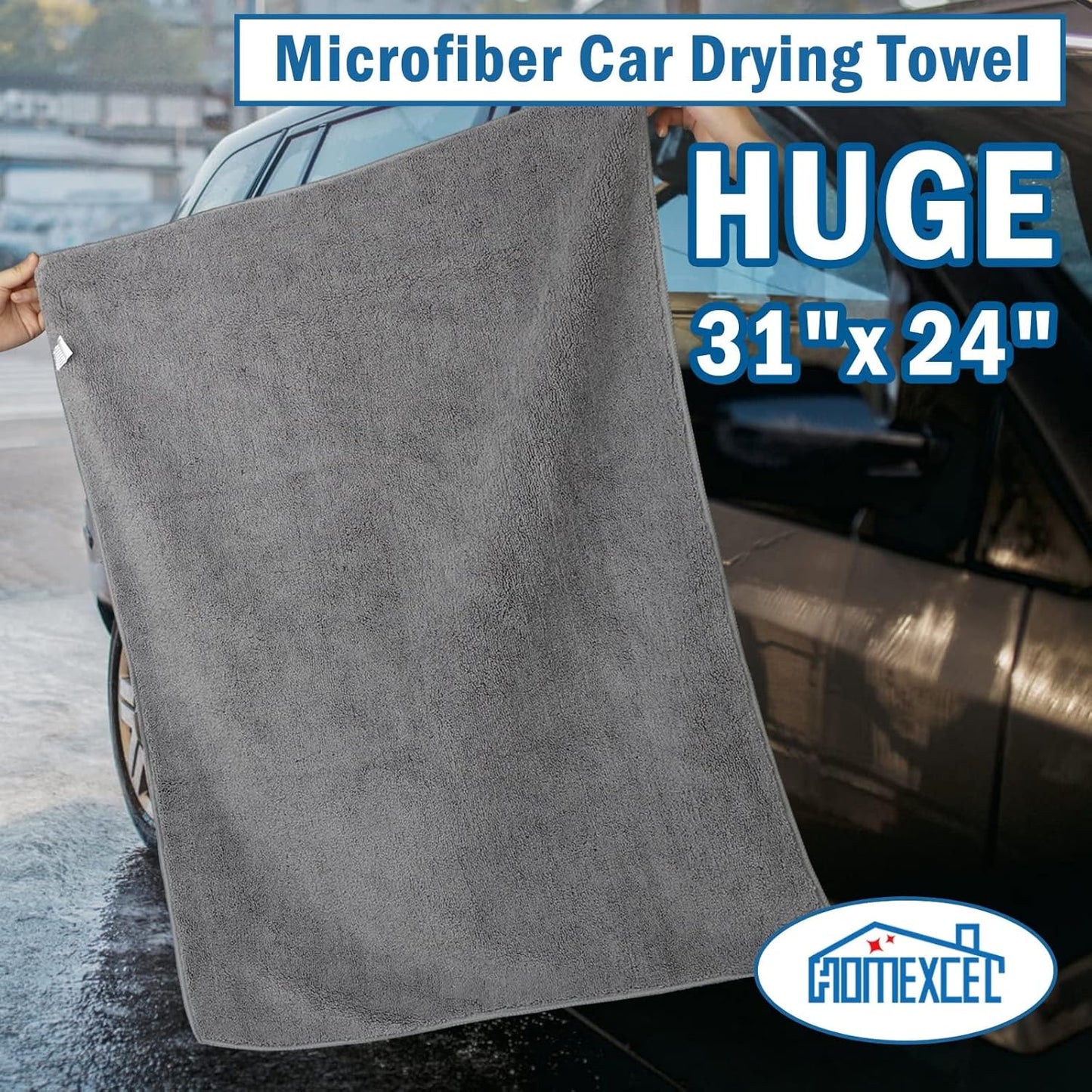 HOMEXCEL Professional Large Microfiber Car Drying Towels 4 Pack, Lint Free, Scratch Free, Highly Absorbent Drying Towel for Cars, SUVs, RVs, Trucks, and Boats,31" x 24 ",Grey