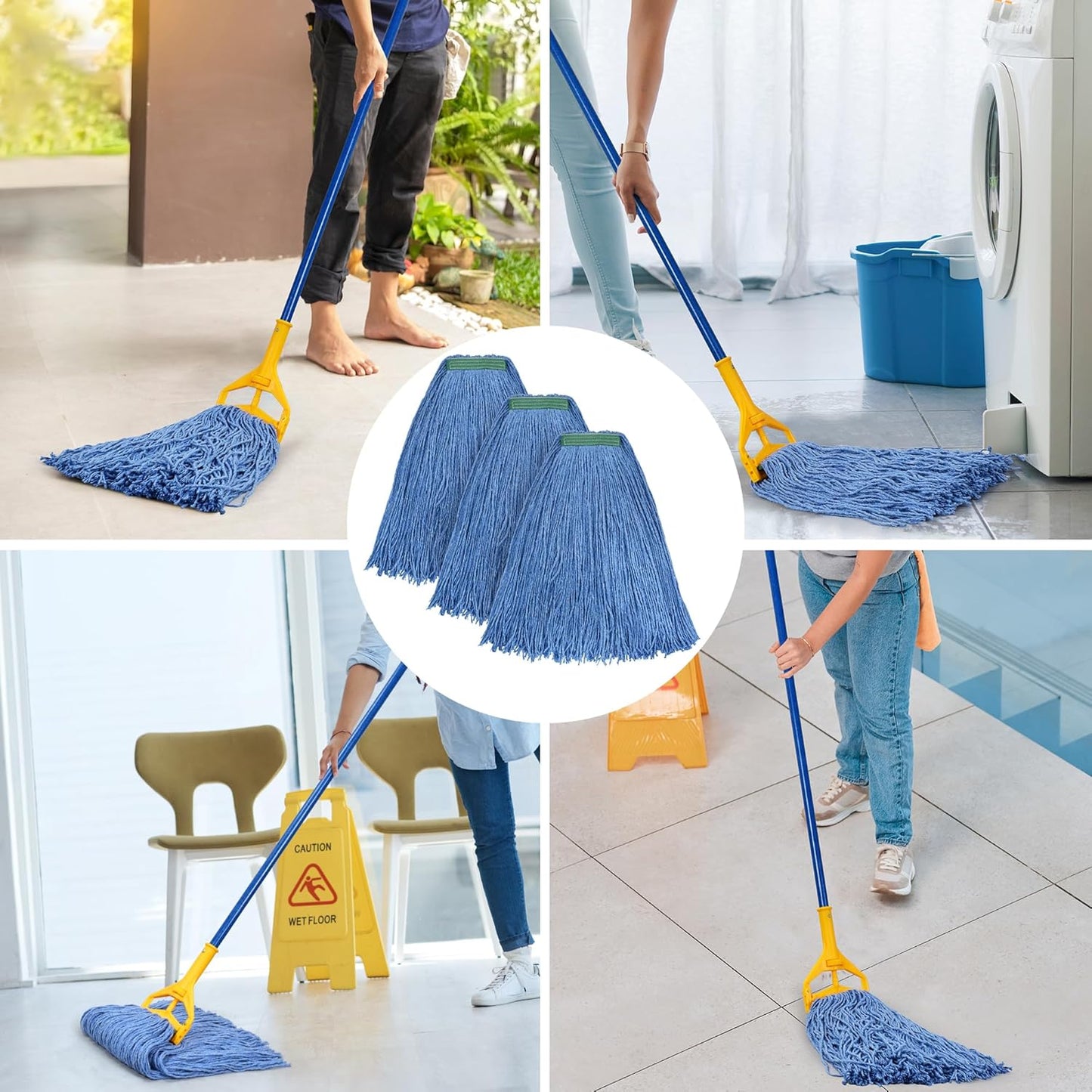 Matthew Cleaning 20oz 3Pack Cotton Floor Mop,Cotton Looped-Open String Heavy Duty String Refills, Universal Headband Blend Material,Mop Head Replacement for Home, Industrial and Commercial Use(Blue)