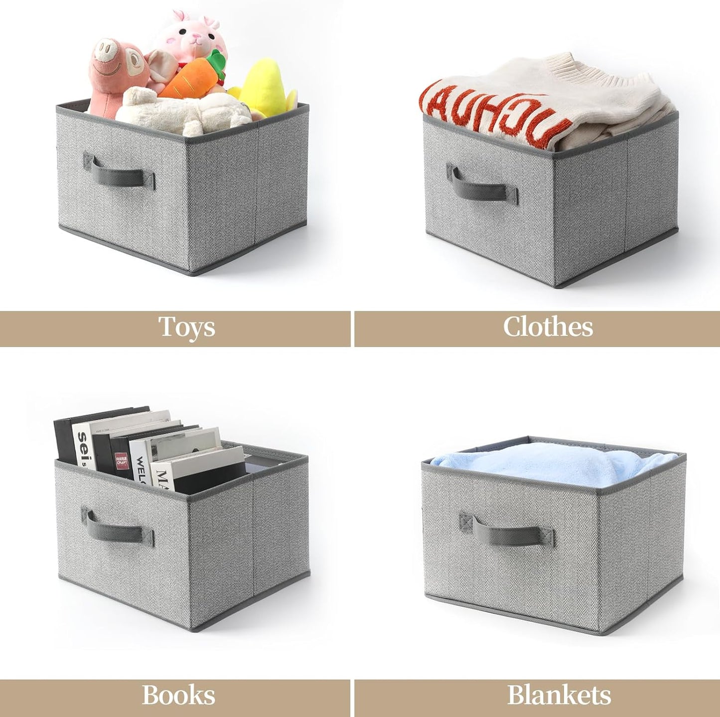 Storage Baskets, 11-Inch Woven Fabric Bins, Storage Cubes with Reinforced Handles, Organizer Bins for Closet Shelves, Foldable, for Toys, Clothes, Natural Beige (3PCS/Grey-11*11*7.8inch)