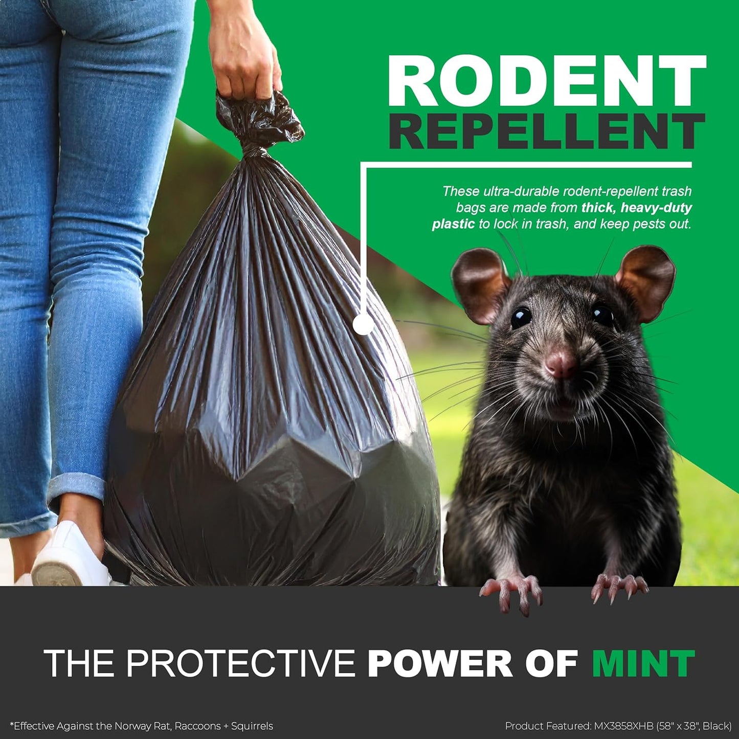 Mint-X Rodent Repellent Outdoor Home and Industrial Trash Bags with Drawstring & Mint-Flex Technology; 33 Gallon, 90 Count, Black