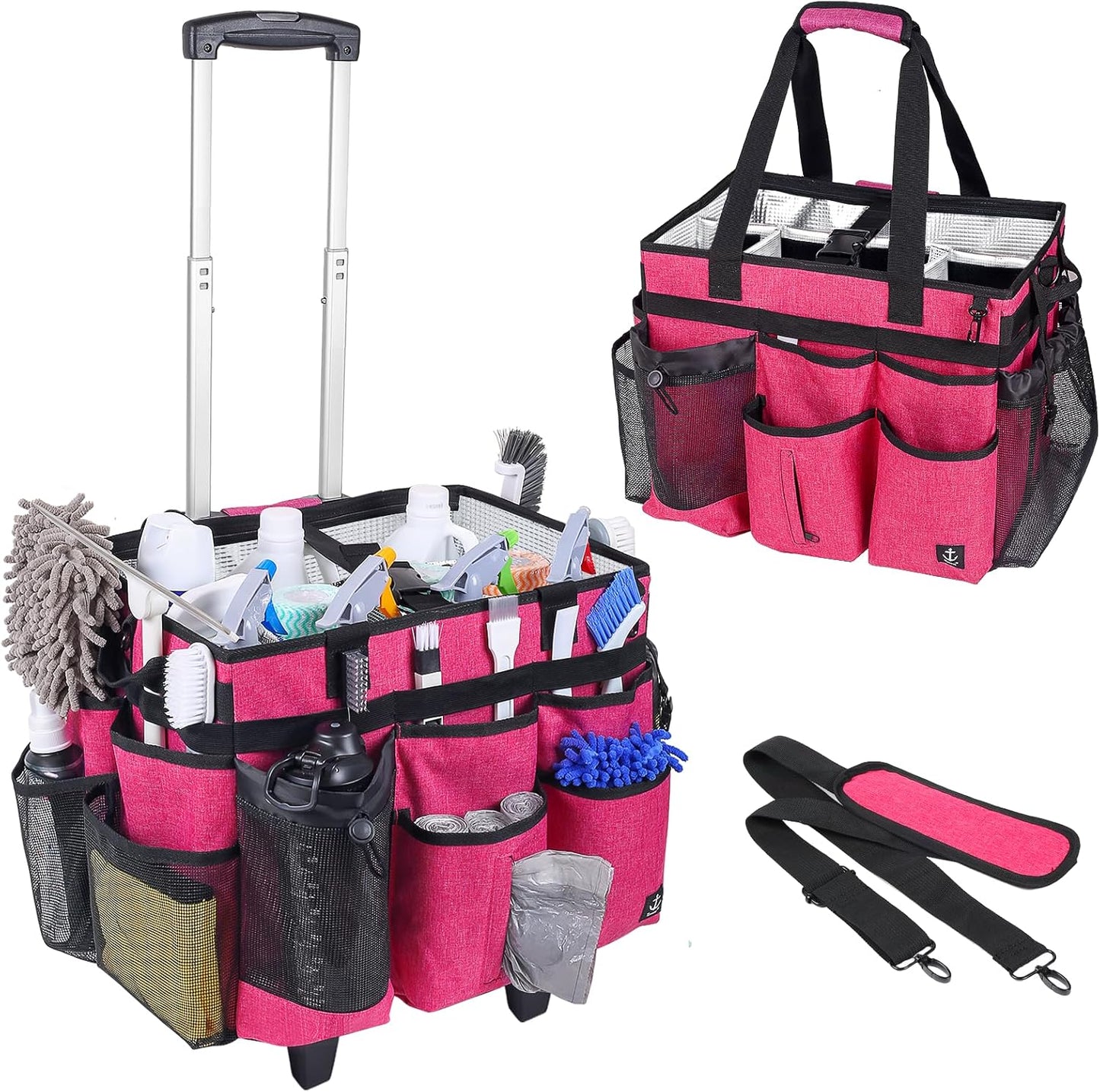 Extra Large Rolling Cleaning Caddy Bag with Detachable, Foldable Trolley Portable Cleaning Cart for Housekeeping Cleaning Caddy with Adjustable Shoulder Strap and Multiple Storage Pockets