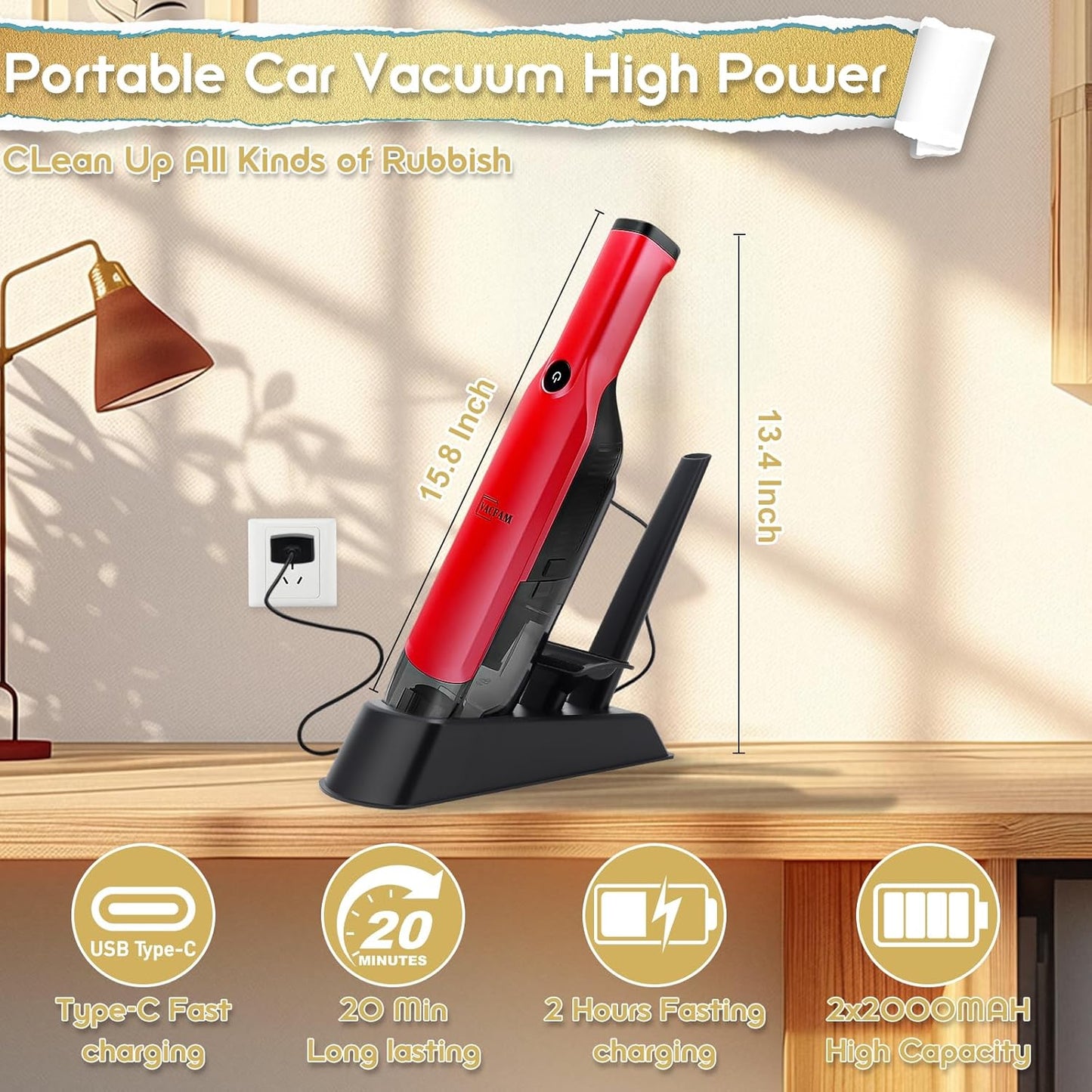 Handheld Vacuum Cordless,15KPA High Power Suction,USB Quick Charge,Car Vacuum Cleaner with Storage Dock,Lightweight Rechargeable Dust Buster with Crevice Tool Pet Brush Hand Vac for Home,Red
