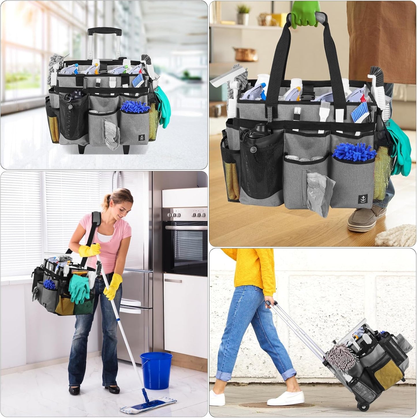 Extra large Rolling Cleaning caddy bag with Detachable, Foldable Trolley Portable Cleaning Cart for Housekeeping Cleaning caddy with Adjustable Shoulder Strap and Multiple Storage Pockets