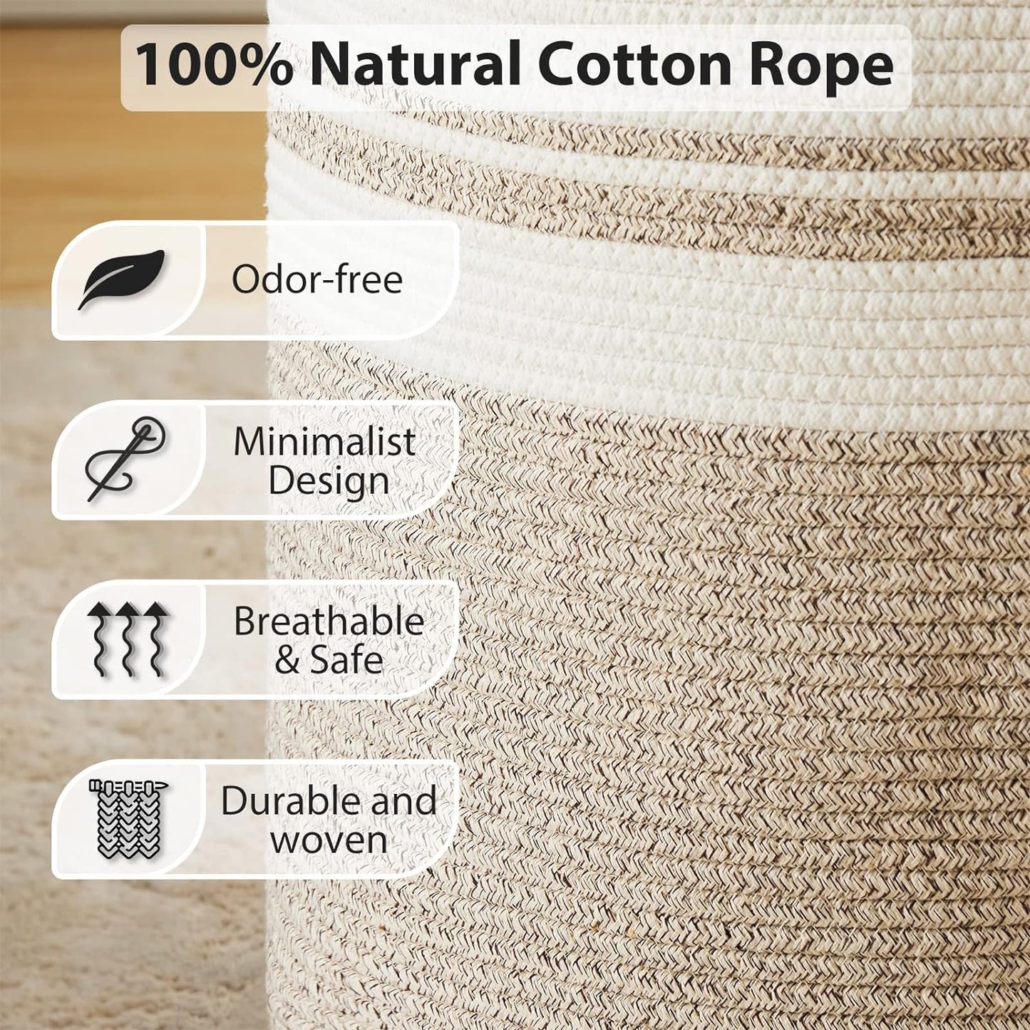 Large Laundry Hamper, Tall Woven Storage Basket for Blankets, Cotton Baby Nursery Hamper, Toys and Dirty Clothes in Bedroom and Living Room Organizing - 58L Brown & White