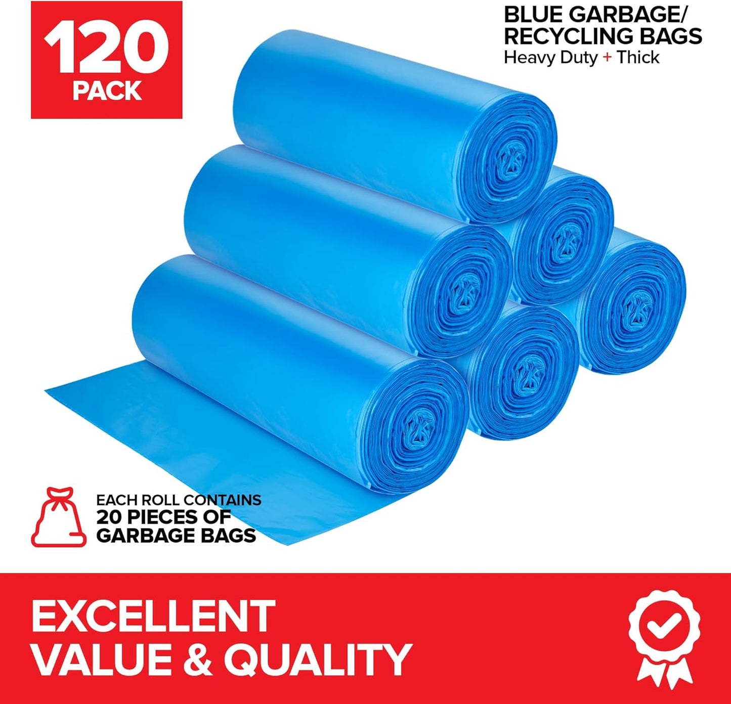 Heavy-Duty Blue Recycling Bags, 120-Pack Blue Garbage Bags For Recycling | 33-Gallon Capacity| Commercial, Industrial or Home Use