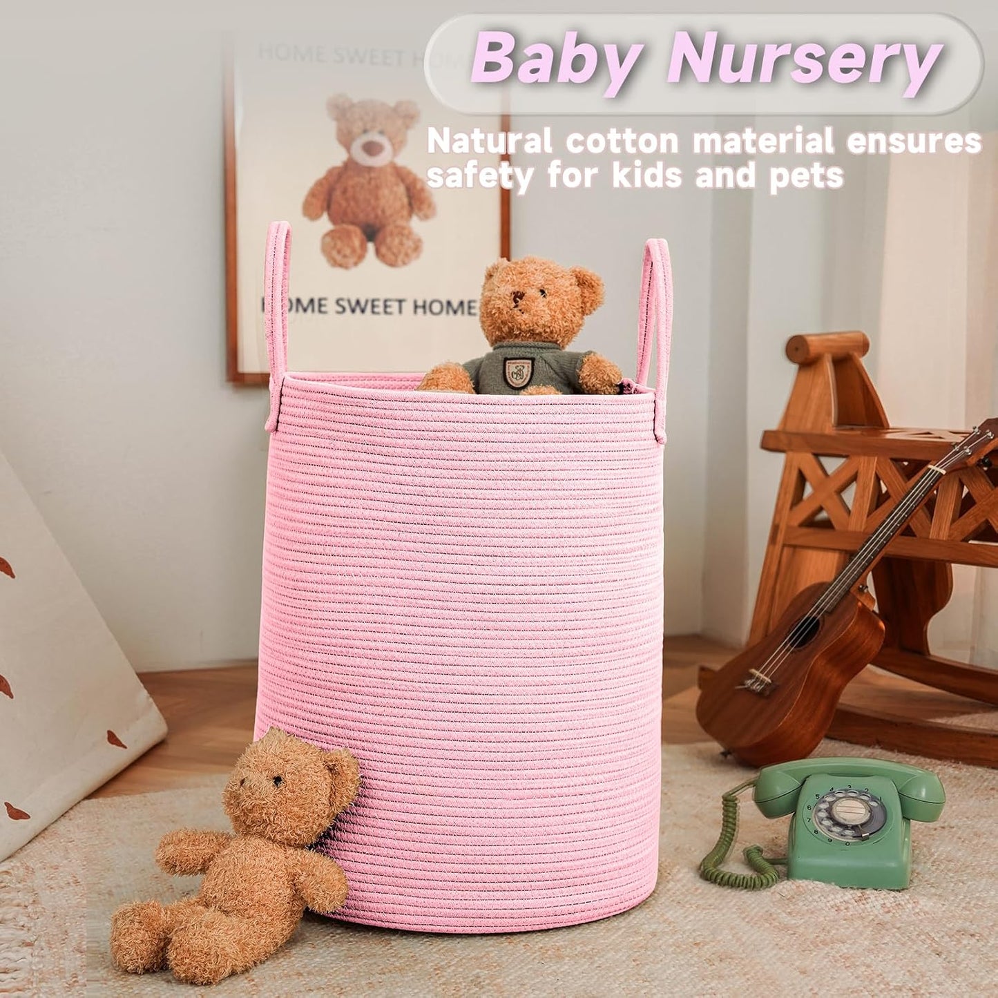 Large Woven Laundry Basket Hamper,100L Cotton Rope Storage Bin for Blankets,Toys and Clothes,Decorative Tall Nursery Hamper for Living Room,Baby Nursery,Bathroom and Bedroom,Pink