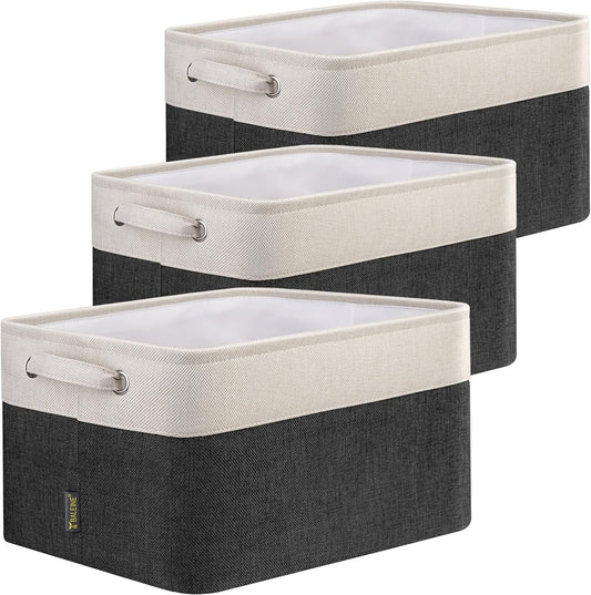 BALEINE 3 Pack Fabric Storage Bins for Shelves, Linen Storage Baskets for Organizing, Decorative Closet Bins for Clothes, Home (Black, 15"x11"x9.5")