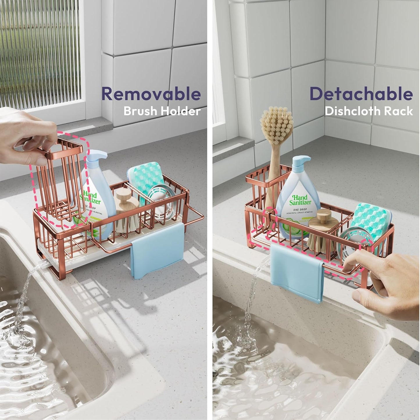 SWTYMIKI Sponge Holder for Kitchen Sink - Sink Caddy with Brush Holder Self-draining Sponge Caddy Organizer with Divider Stainless Steel Kitchen Accessories Storage for Countertop, Rose Gold