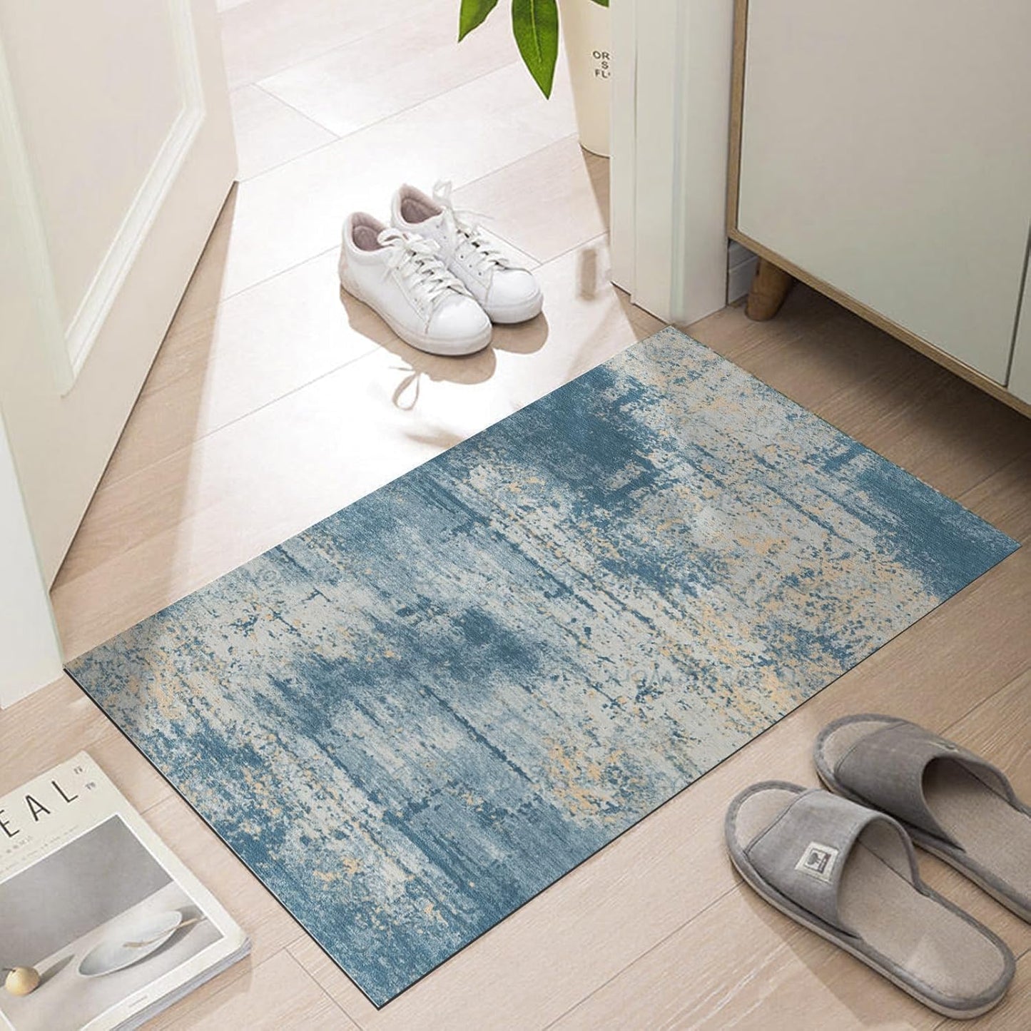 Ultra Thin Door Mat Indoor Entrance, 1/10 in Thin Door Mats for Inside Entry, Non-Slip Rubber Backing Washable Doormat, Fade Resistant, Absorbent, Low Profile Dirt Trapper, 35"X24",Distressed