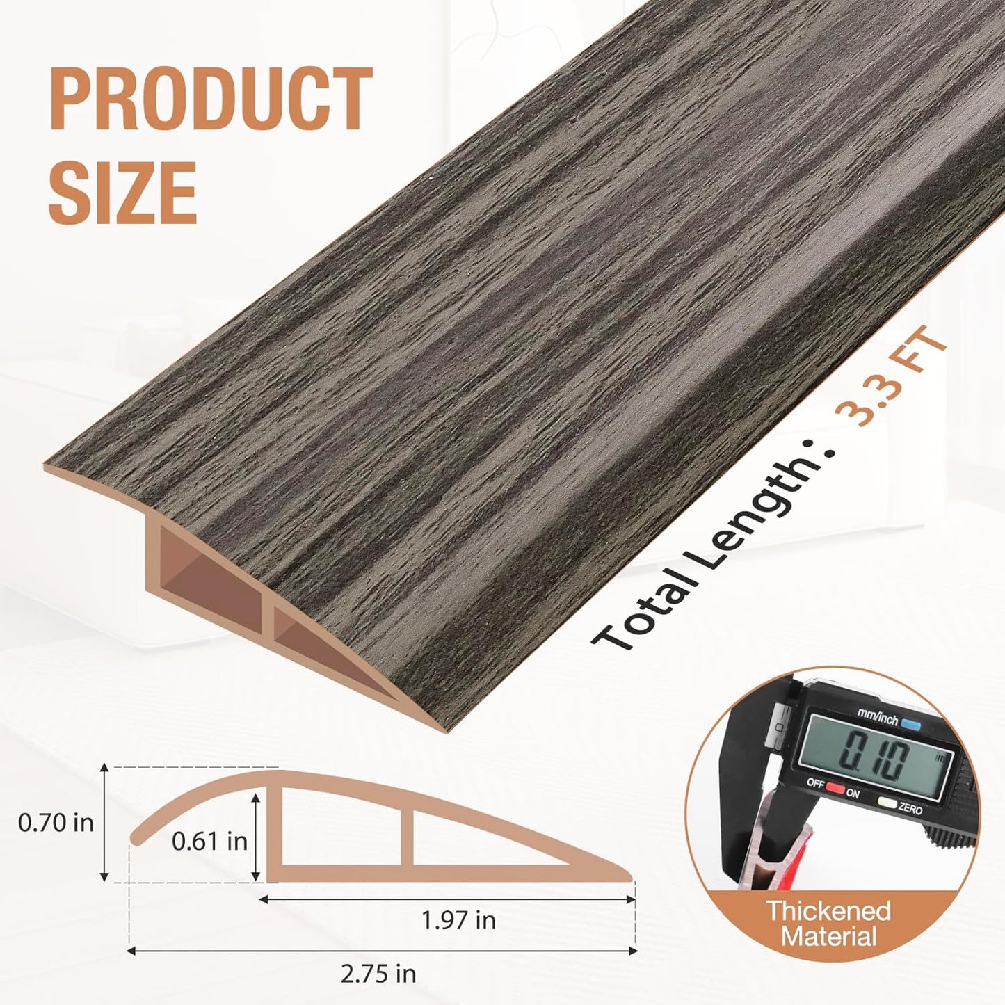 Floor Transition Strip Self Adhesive Vinyl Door Threshold for Doorways Carpet Edging Trim Overlap Edge Reducer for Laminate Floor, Carpet, Tile (Grayish Brown Wood Grain, 2/5" to 3/5", 3.3Ft)