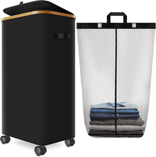 Laundry Hamper with Wheels,29 Gal (110L) Laundry Basket with lid Rolling Clothes Hamper Foldable Dirty Clothes Basket on wheels with Bamboo Frame and Bag for Bedroom, Dorm, Laundry Room-Black