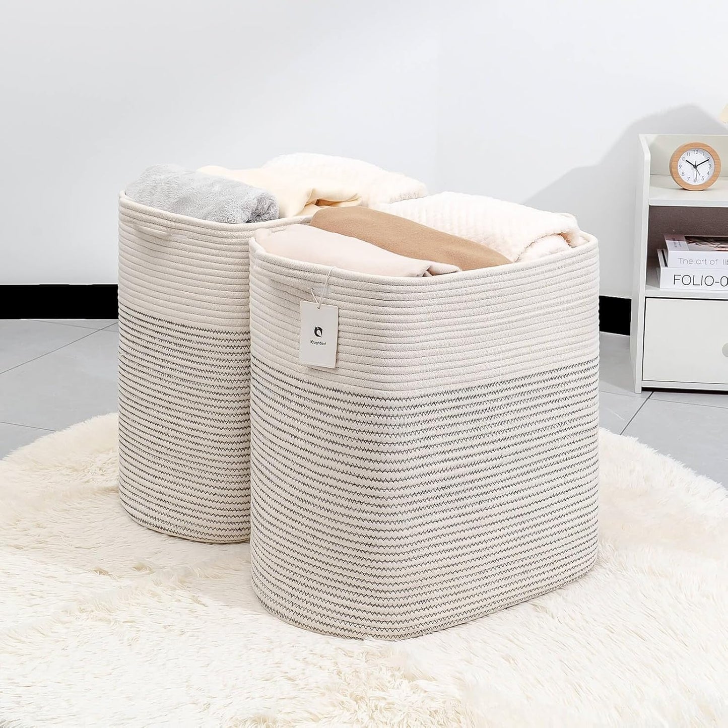 Storage Baskets for Clothes Fabric Cotton Rope Storage Basket bins with Handles, Decorative Woven Basket for Living Room,Closet Organizer Blankets Tall 2 bags White/Black Line, L14×W11×H14