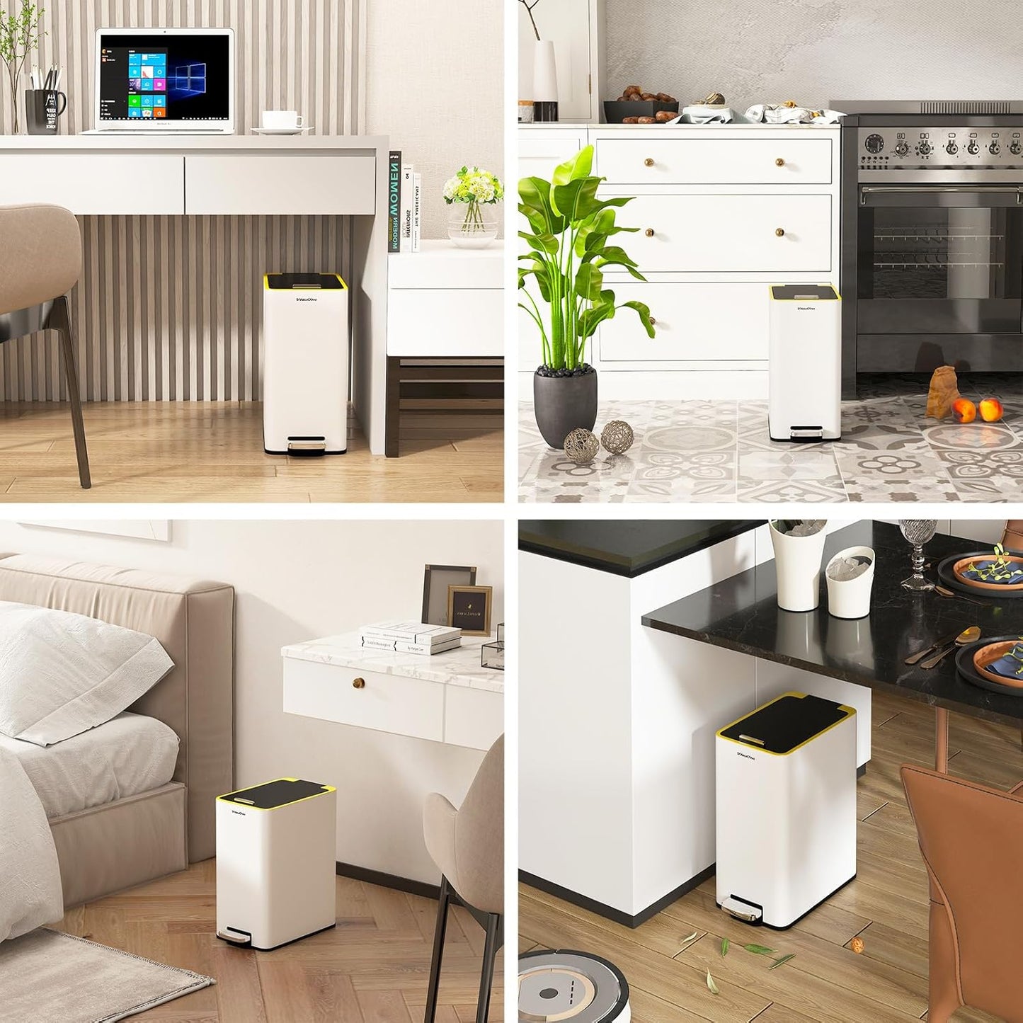 Stainless Steel 4 Gallon Slim Trash Can with Lid,15L Bathroom Garbage Can with Removable Wastebasket, Rectangular Garbage Cans for Office、 Bathroom,、Kitchen (White)