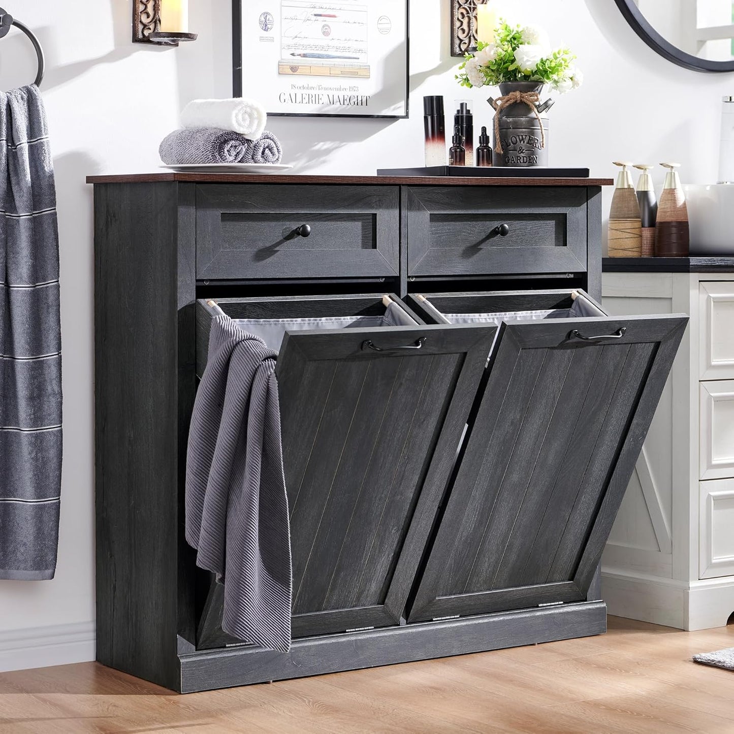 Double Tilt Out Laundry Hamper Cabinet, 20 Gallon Farmhouse Trash Can Cabinet with Drawer, Hidden Wood Garbage Can Bin Cabinet with Laundry Storage Basket for Bathroom, Kitchen, Dark Grey