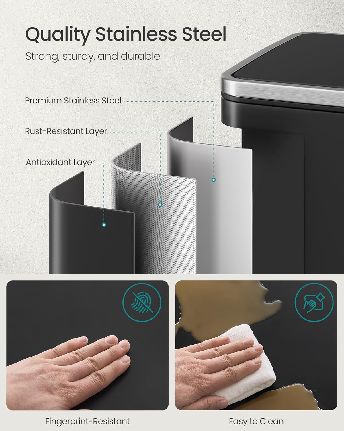 SONGMICS Trash Can, 13-Gallon Gabbage Can, with 15 Trash Bags, Steel, with Soft-Close Lid, Removable Inner Bucket, Handles, Ink Black ULTB595B01V1