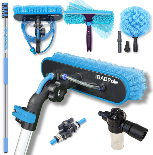 23ft IGADPole Washing Kit: Water-fed Brush, Cobweb Duster and 10” Squeegee and Soap Dispenser, with 4-Stage Telescoping Pole 5-17ft Pole