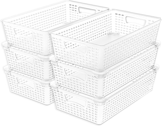 Simple Houseware Stackable Plastic Woven Basket Organizer, 6 Pack, 14.5" x 8.5" x 3.5", Clear