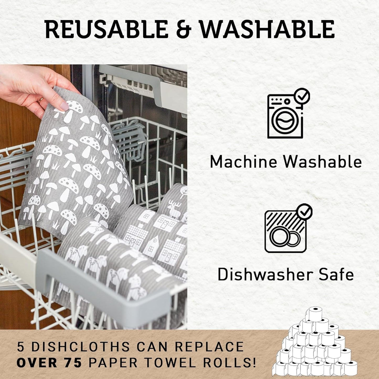 Nordhus Design Large Swedish Dishcloths, 5 Grey Cloths, Made in Sweden - 9.5 x 8 inch Reusable, Washable Cellulose Cotton Kitchen Cloths - Replace Paper Towels, Wipes, Sponges, Dish Rags