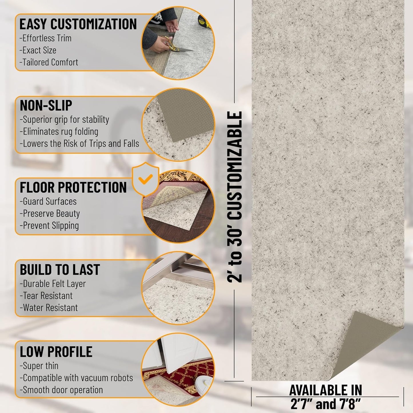 Ottomanson 7'8" x 8' Non-Slip Rug Pad Gripper 1/12 Inch Ultra Thin Dual Surface Felt + Rubber Gripper - Safe for All Floors, Cream