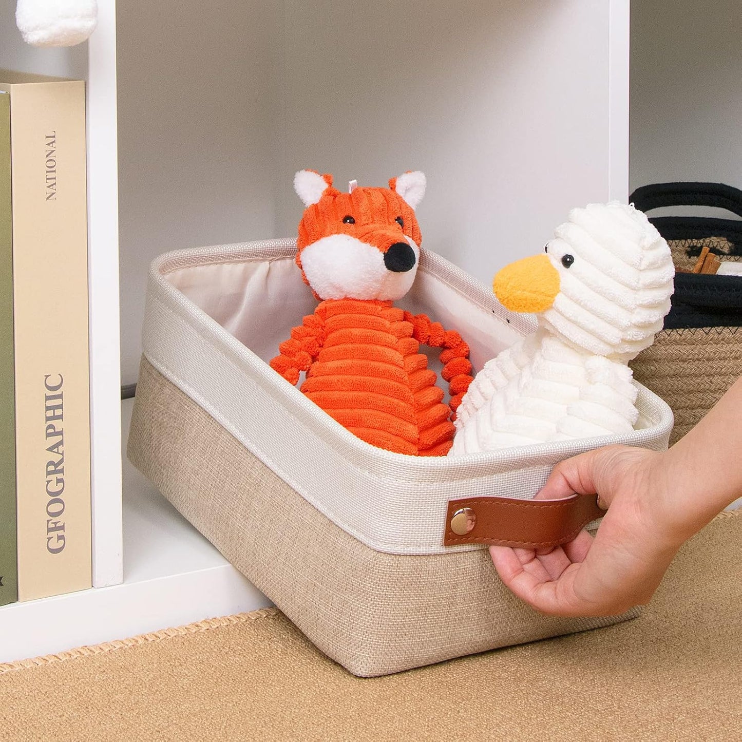 DULLEMELO Small Collapsible Fabric Basket for Organizing, Shelves, Closets, Laundry, Nursery, Decorative Gift Basket (White&Khaki)