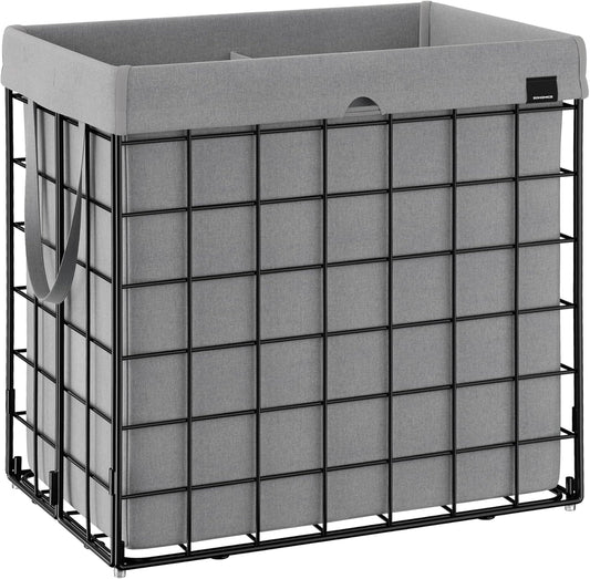 SONGMICS Laundry Hamper, 34.3 Gal. (130L) Laundry Basket, Collapsible Clothes Hamper, Removable and Washable Liner, Metal Wire Frame, for Bedroom Bathroom, Black and Gray ULCB113G01