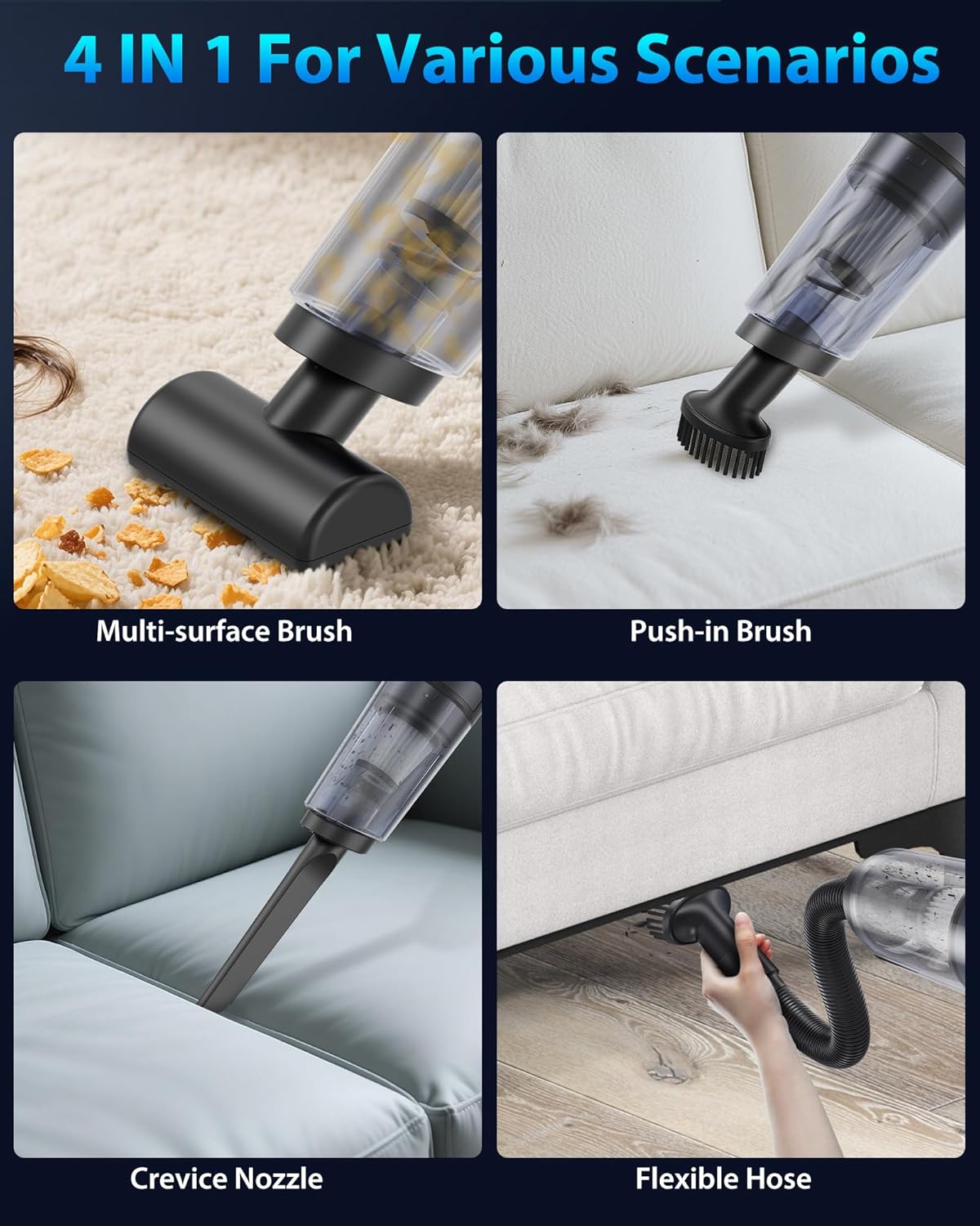 Handheld Vacuum Cordless 1.1 Pounds Car Vac 10000PA Hand Held Vacuums 4-in-1 Hand Vac Cordless Rechargeable HEPA Filter Large Capacity Dust Cup for Car Office Home Pets Hair (Gray)