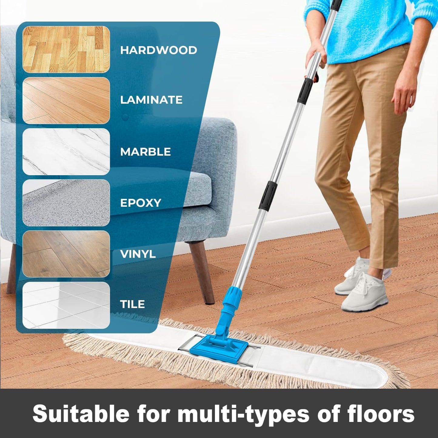 36” Commercial Dust Mop for Floor Cleaning, Industrial Dry Mop with Heavy Duty Long Handle, Large Cotton Reusable mop Head, for Cleaning Office Garage Hardwood Warehouse Factory Mall