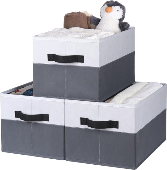 WUIKE Storage Baskets for Shelves, Fabric Closet Storage Bins with Handles, Foldable Clothes Organizer Bins for Bedroom, Nusery, Gray & White, Large, 3-Pack