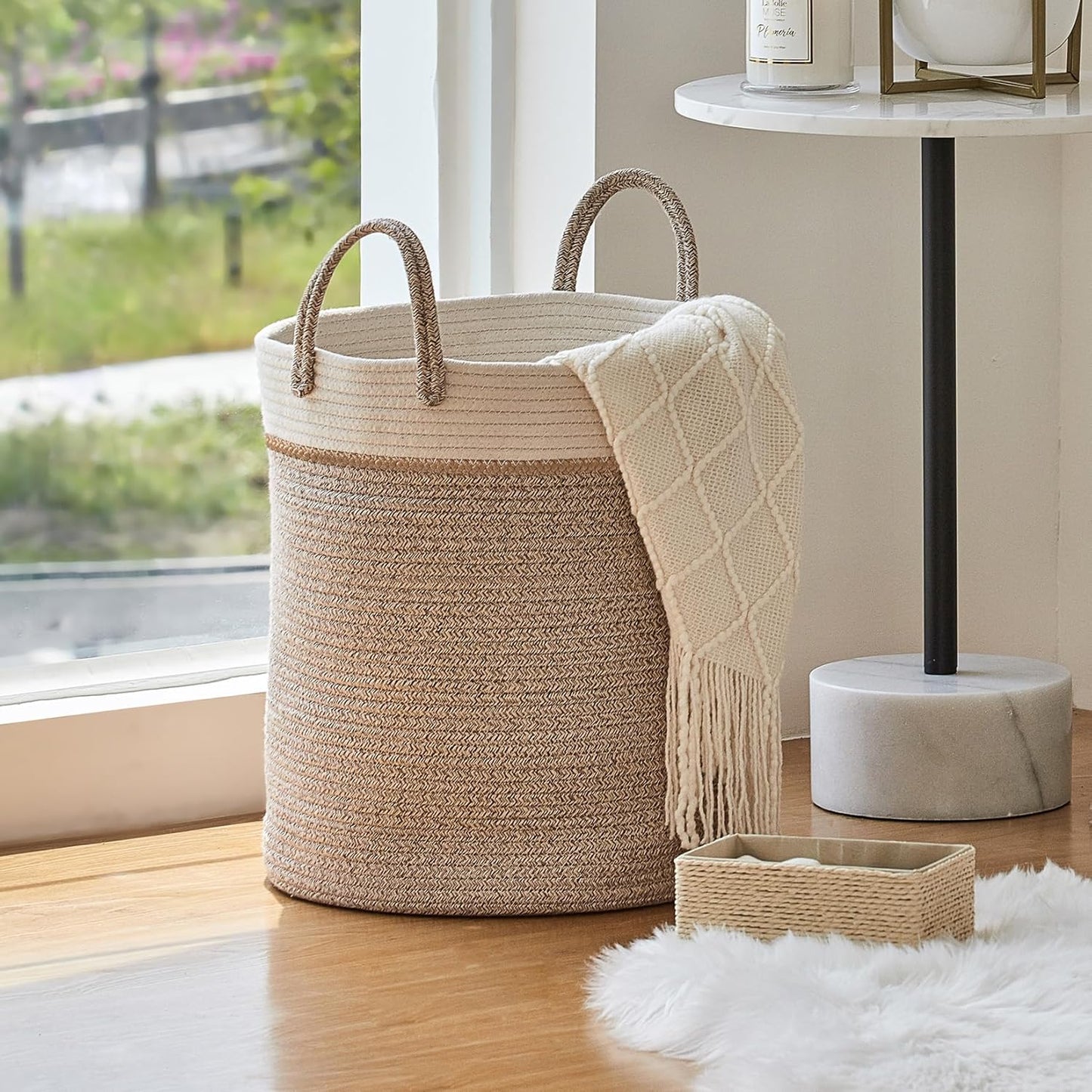 LA JOLIE MUSE Woven Basket Rope Storage Baskets - Large Cotton Organizer 16 x 14 x 14 Inches, Basket for Baby Blanket, Kids Toy Nursery Laundry Basket