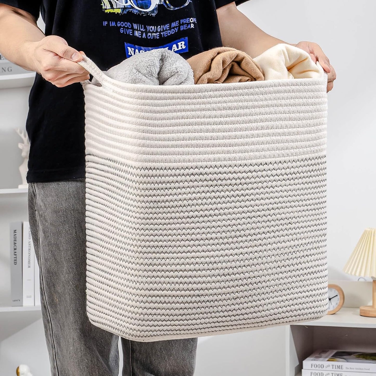 Medium and Large Woven Basket//With Handle, Used for Toys and Fabric Storage Basket used for Storing xl Storage Box, Decorative Storage Box Room (14L*15.7H I White/Black Line, 14L*10W*15.7H)