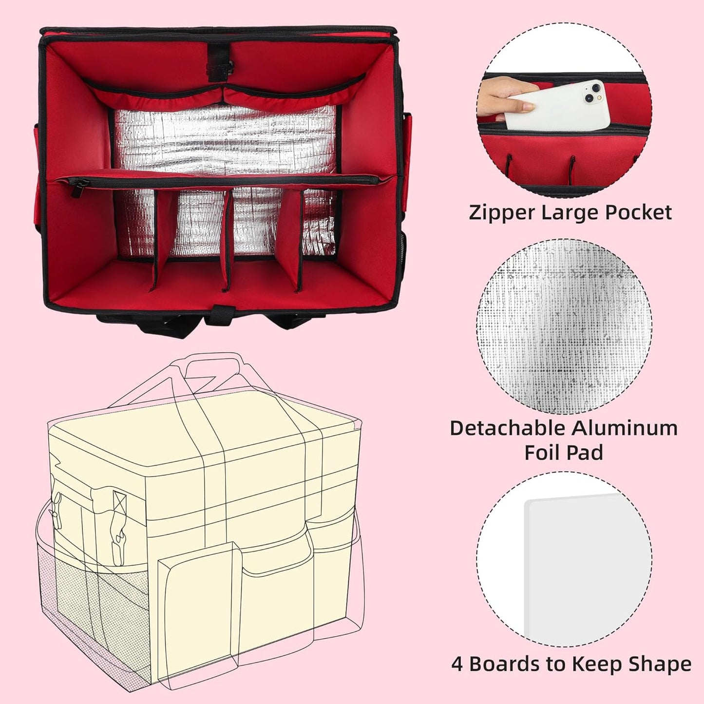 Rolling Cleaning Caddy Bag with Wheels, Large Cleaning Cart Detachable Trolley, Cleaning Bags for Housekeepers With Shoulder Strap & Multi Pockets for Cleaning Tools Storage (Red)