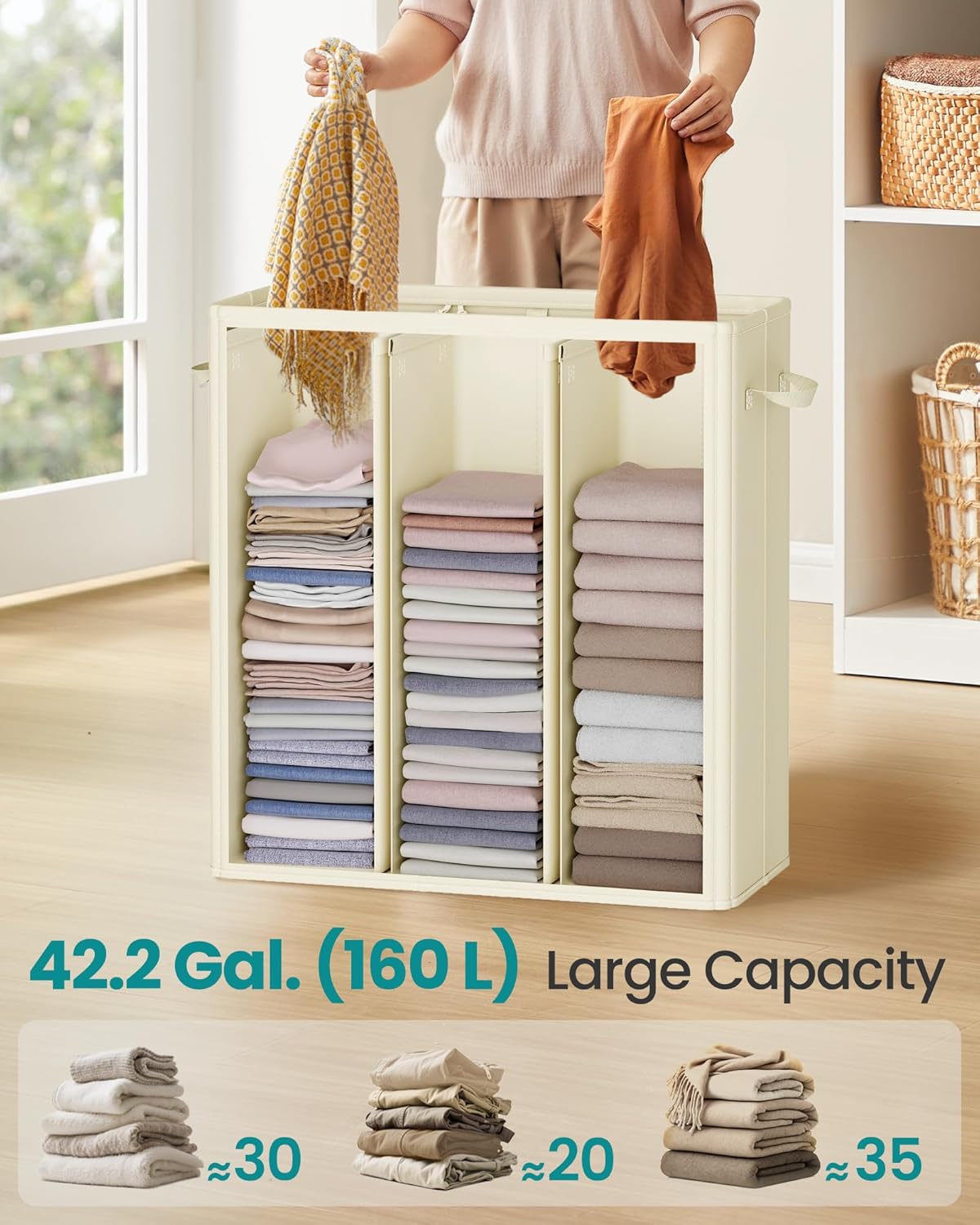 SONGMICS 42.2 Gallon (160 L) Laundry Hamper, 3-Compartment Laundry Basket Sorter with Lid, Labels, Removable Liner Bags, for Bedroom, Cream White URLH013W01