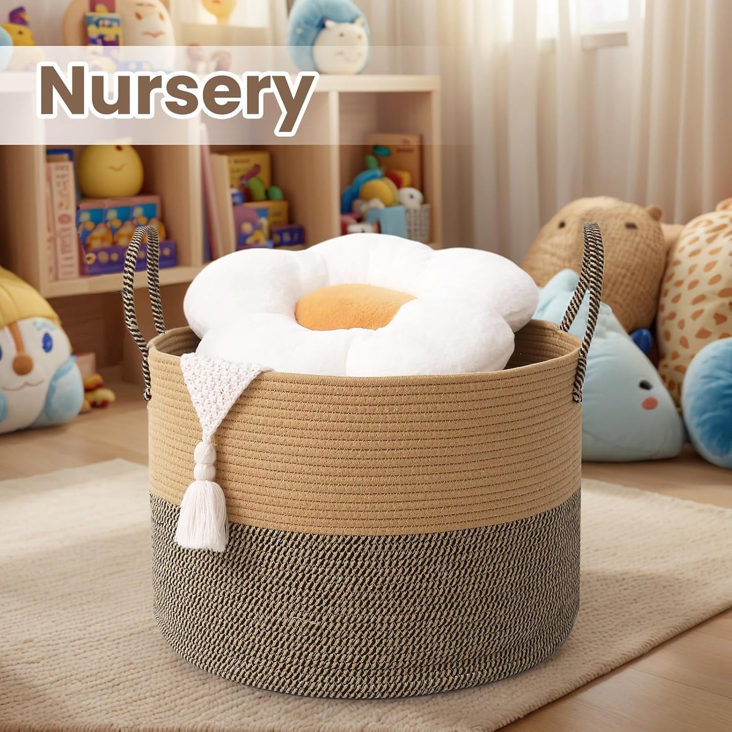 Woven Blanket Basket,115L Large Rope Storage Bin with Handles, Organizer for Blankets Toys Book and Clothes, Laundry Basket for Living Room Bedroom Nursery,Jute&Black