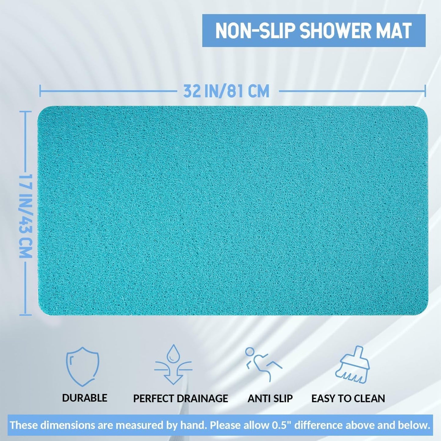 Non-Slip Bathtub Mat, Anti Slip Shower Mat, Fast Drying Bathtub Mats, Foot Scrubber Mat, Anti Slip Mat for Tub, Floor, Bathroom, Kitchen, Home, Hotel (Turquoise Blue 32"×17")