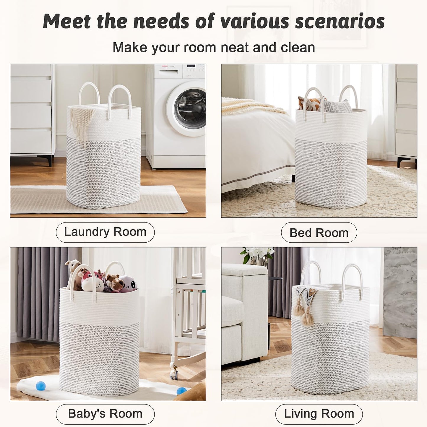 Laundry Basket,Woven Cotton Rope Laundry Hamper,Versatile Storage for Dirty Clothes,Baby Toys,and Blankets in Bathroom, Nursery,and Living Room (White, 100L)