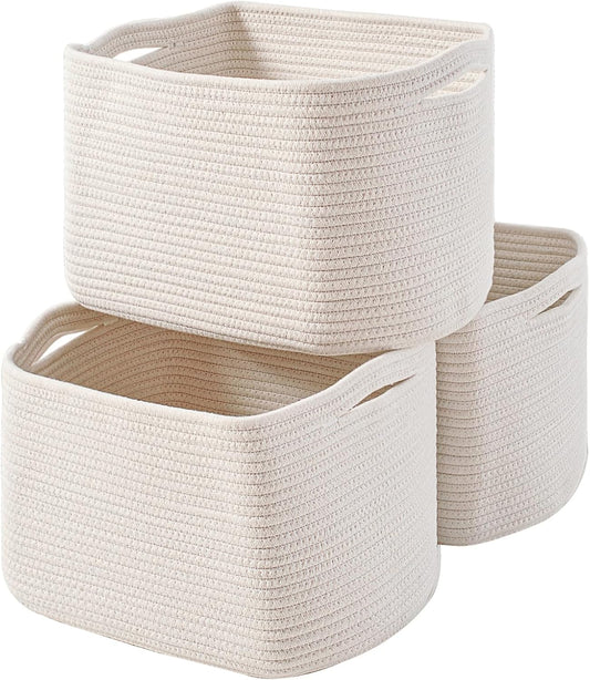 Storage Baskets for Organizing Shelves, Woven Cotton Rope Bins for Baby Nursery Organization, Book Toy Towel Organizer, 15"x11"x9.5", 3 Packs, Off White