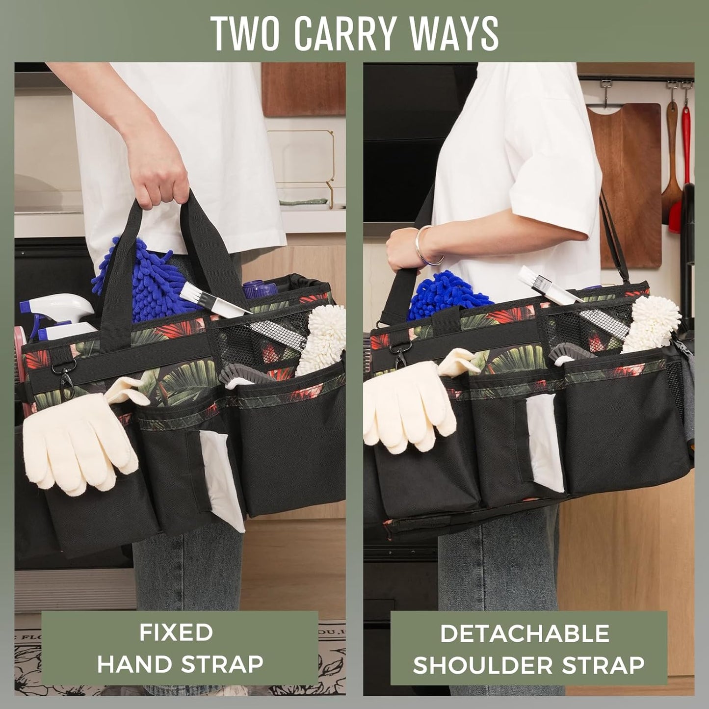 Wearable Cleaning Caddy, Cleaning Caddy Supplies Organizer with Handle & Shoulder Straps for Housekeepers, Under Sink & Car Cleaning Tool Organizers Bag with 4 Foldable Divider (GreenBush)